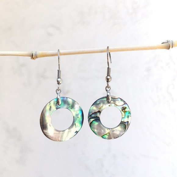 Iridescent Seashell Circle Dangle Hook Earrings - Picture 1 of 3